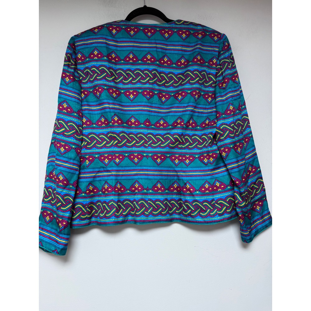 Papell Boutique Silk Blazer Jacket Teal Geometric Print Womens Size 16 - Picture 5 of 6